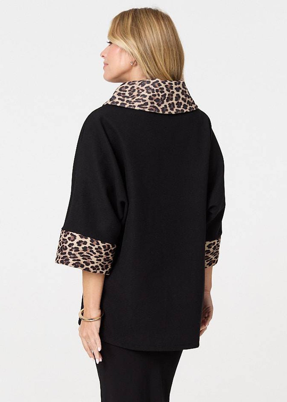 Izabel London Black Animal Print Trim Cape Coat