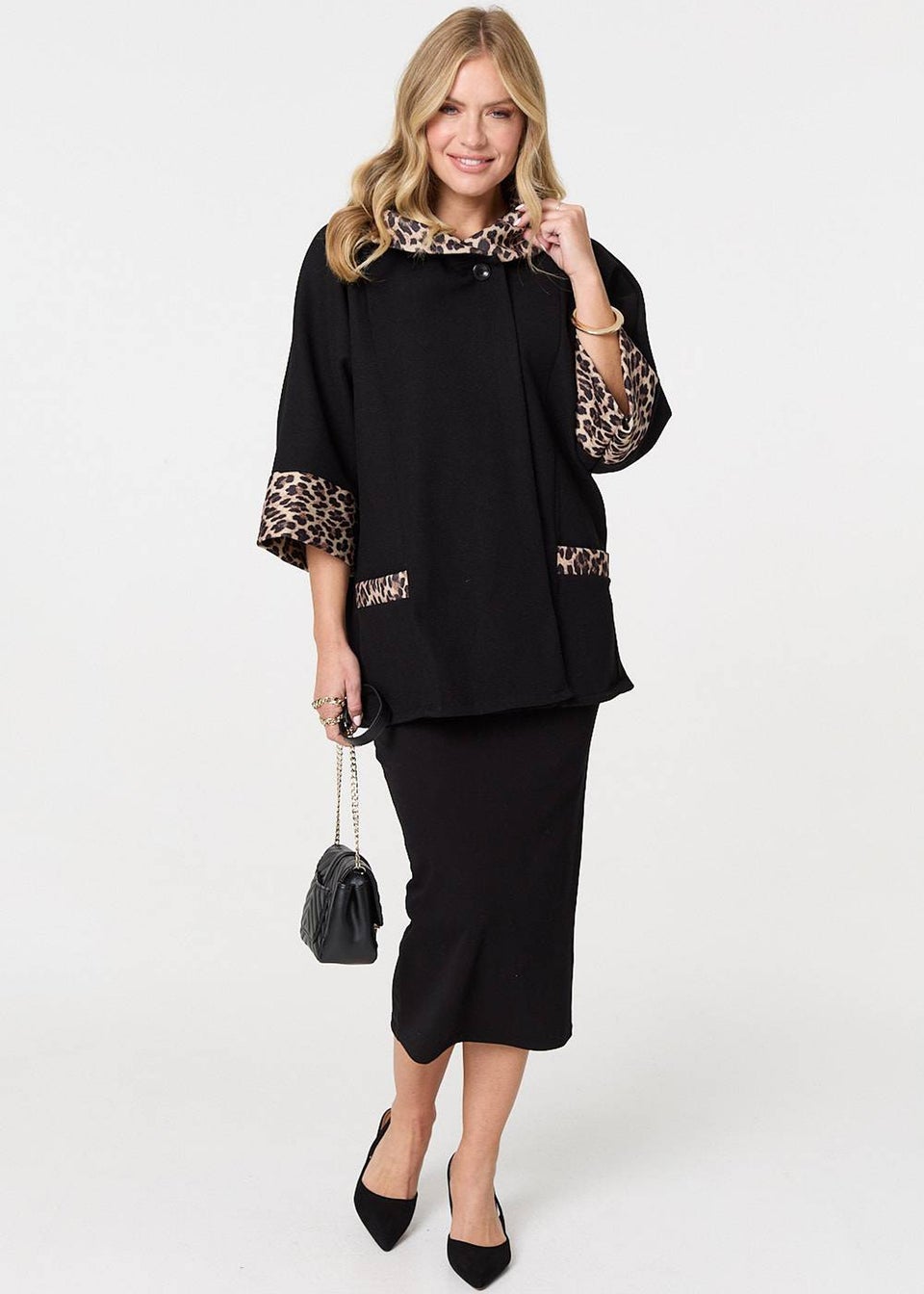 Izabel London Black Animal Print Trim Cape Coat
