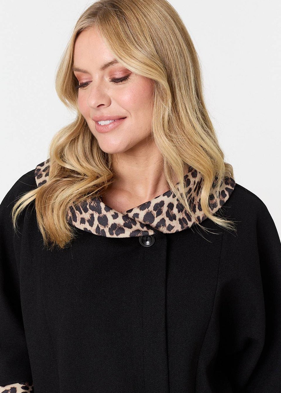 Izabel London Black Animal Print Trim Cape Coat