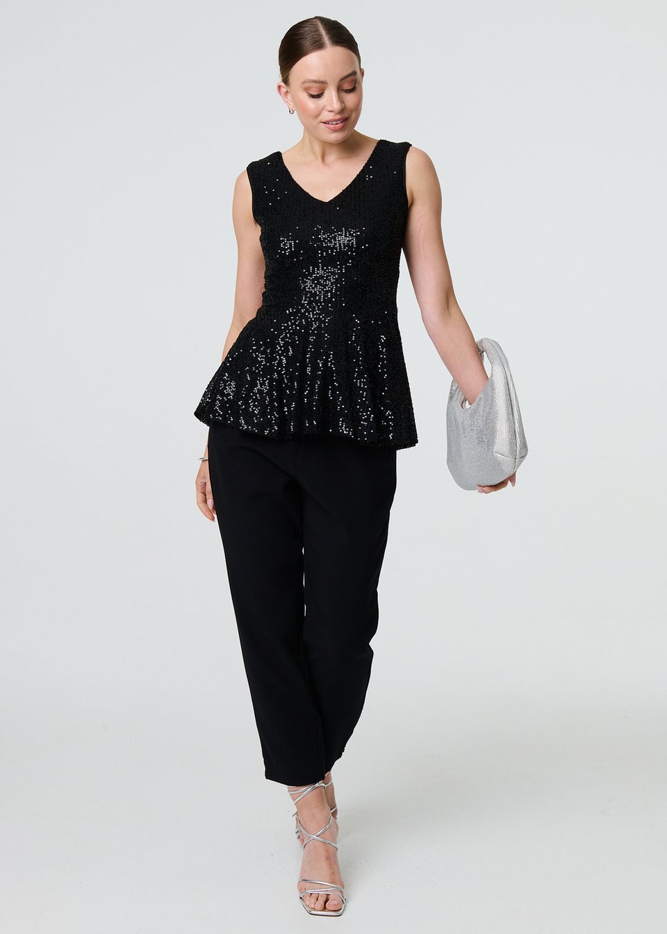 Izabel London Black Sparkly Sequin Sleeveless Peplum Top Matalan