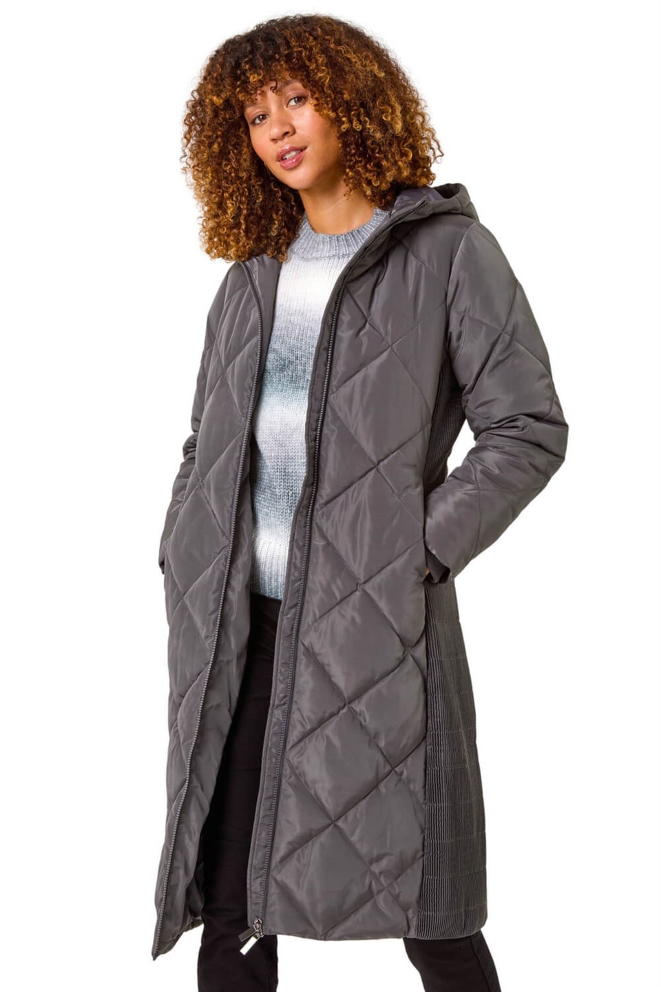Roman Charcoal Longline Diamond Quilt Hooded Coat