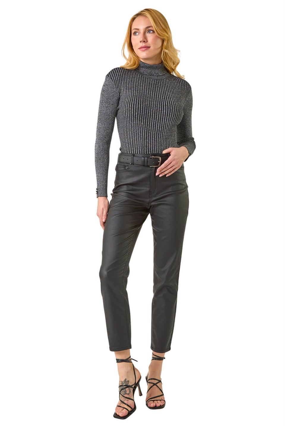Dusk Grey Roman Stripe Turtle Neck Knit Jumper