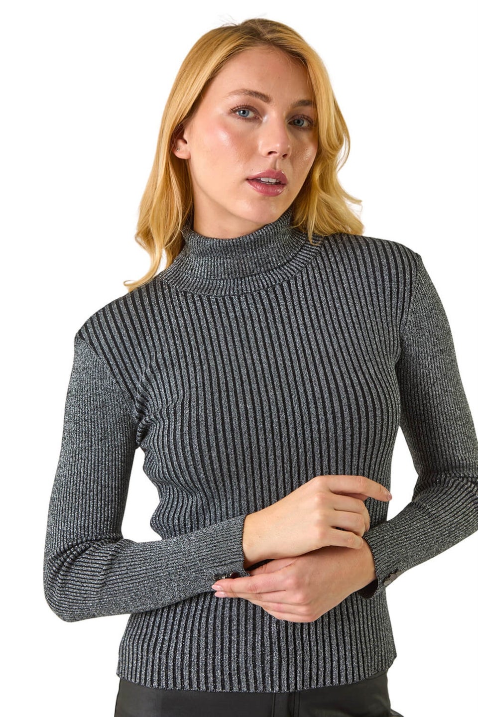 Dusk Grey Roman Stripe Turtle Neck Knit Jumper