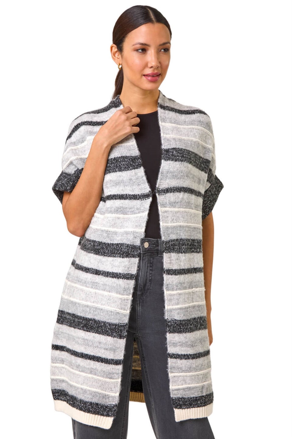 Roman Grey Striped Short Sleeve Knit Cardigan