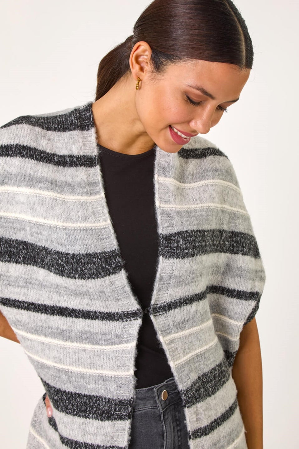 Roman Grey Striped Short Sleeve Knit Cardigan
