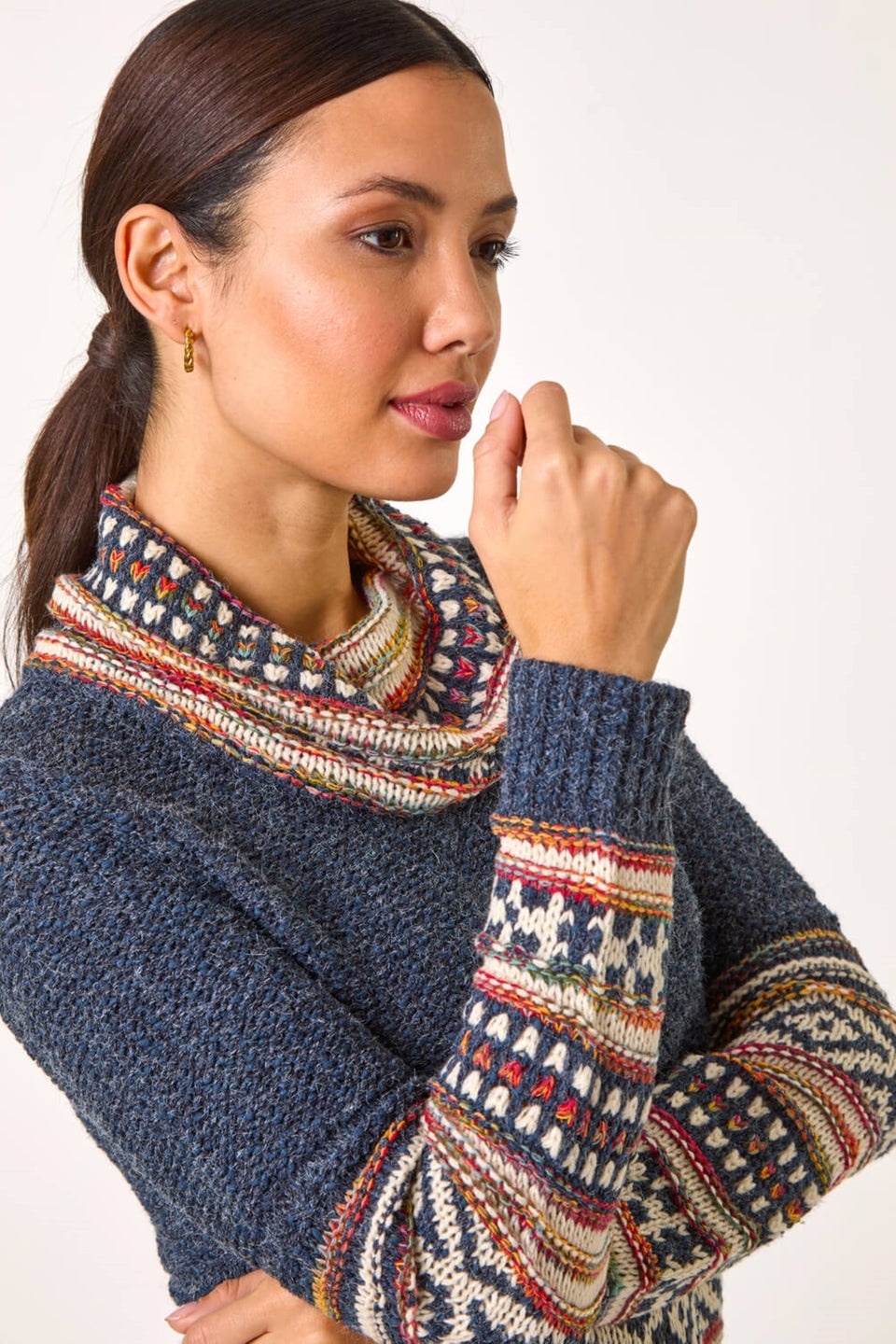 Roman Midnight Blue Abstract Print Roll Neck Knit Jumper