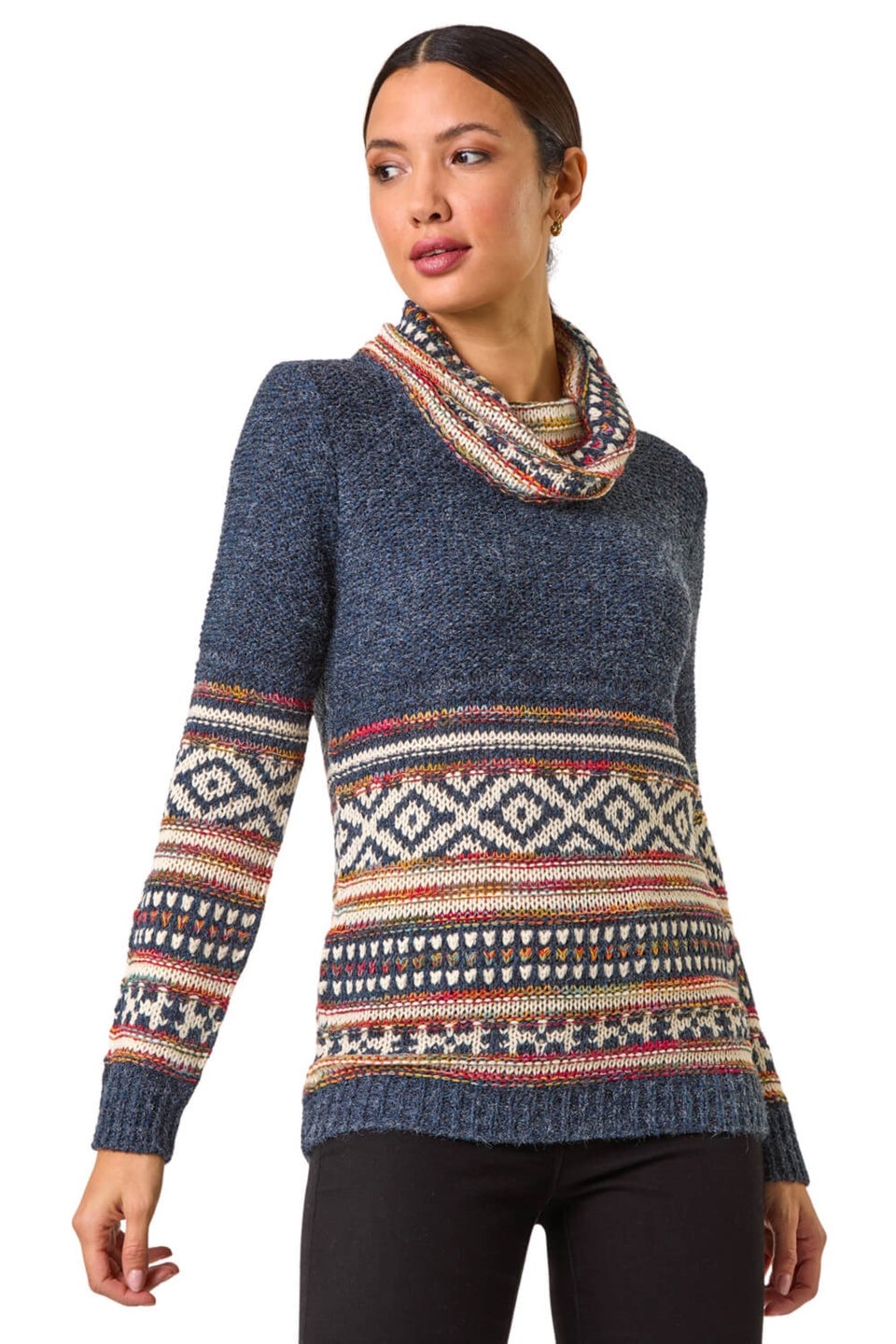 Roman Midnight Blue Abstract Print Roll Neck Knit Jumper