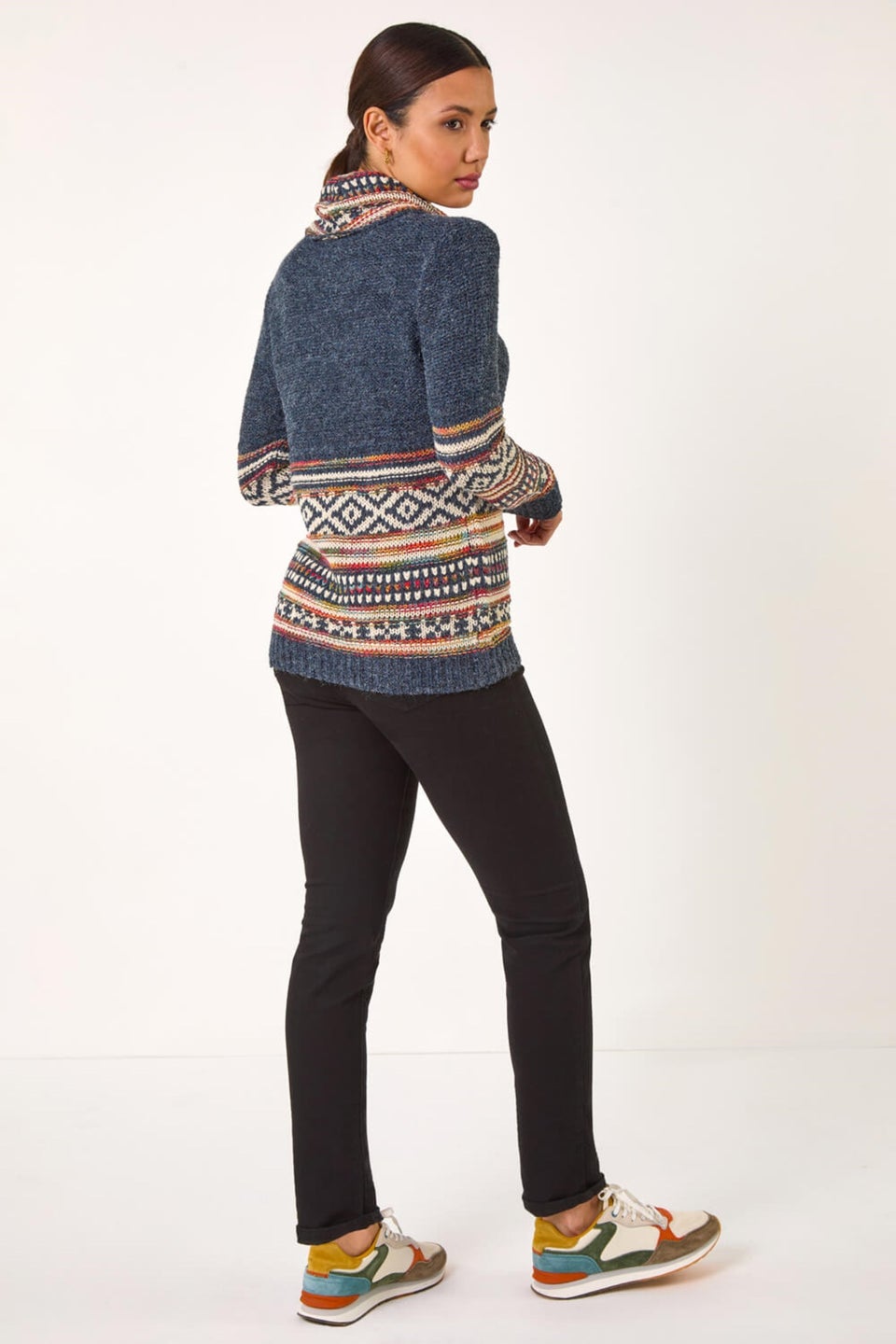 Roman Midnight Blue Abstract Print Roll Neck Knit Jumper
