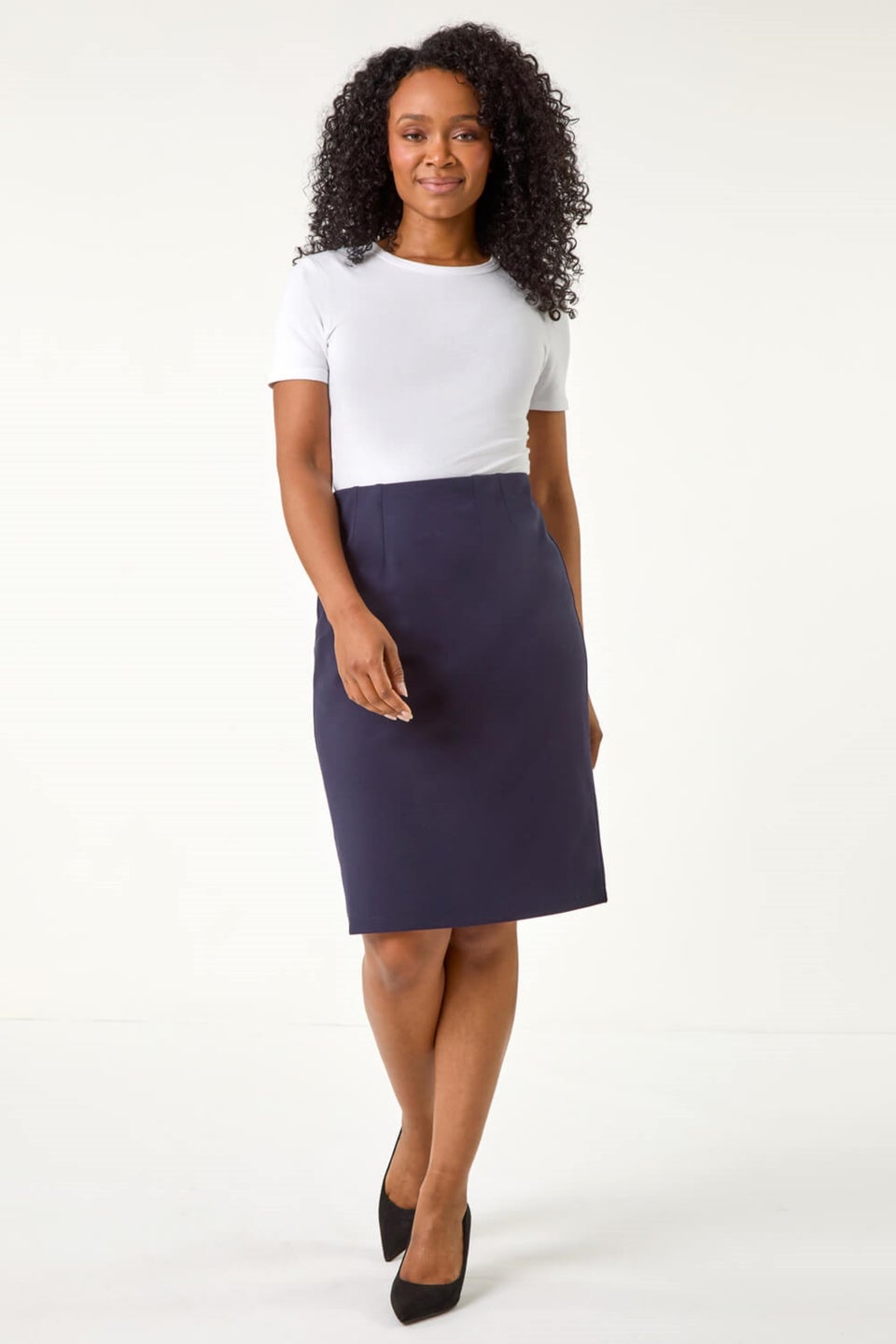 Roman Navy Petite Stretch Pencil Skirt