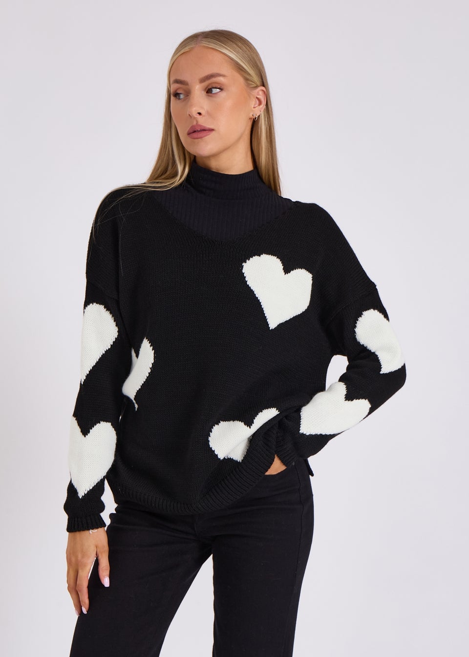 Gini London Black V Neck Oversized Heart Knit Jumper