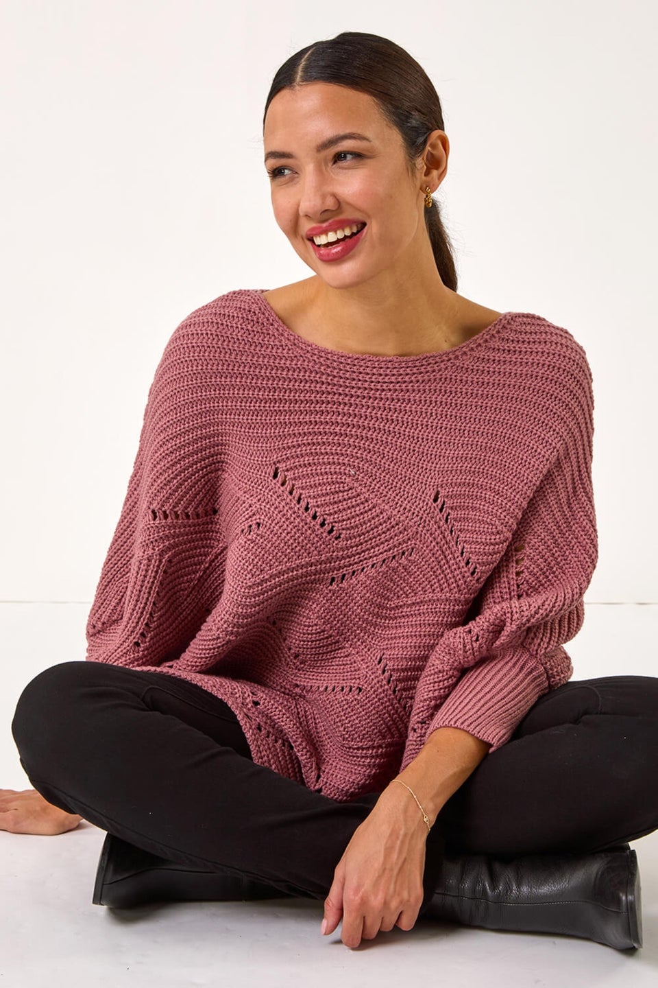 Roman Pink Pointelle Detail Knit Poncho