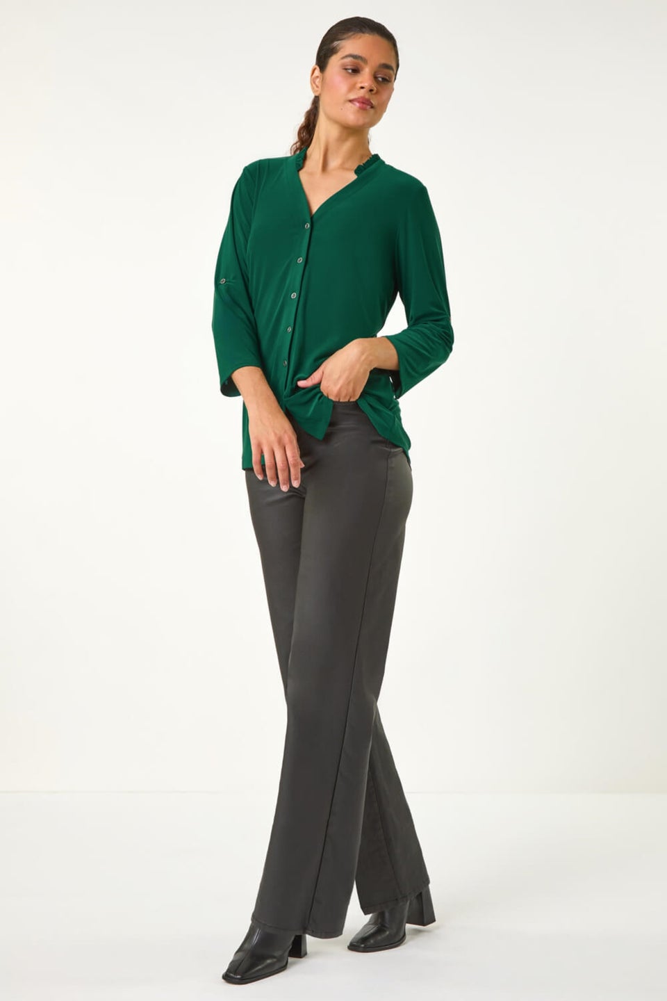 Roman Jade Button Through V-Neck Stretch Blouse