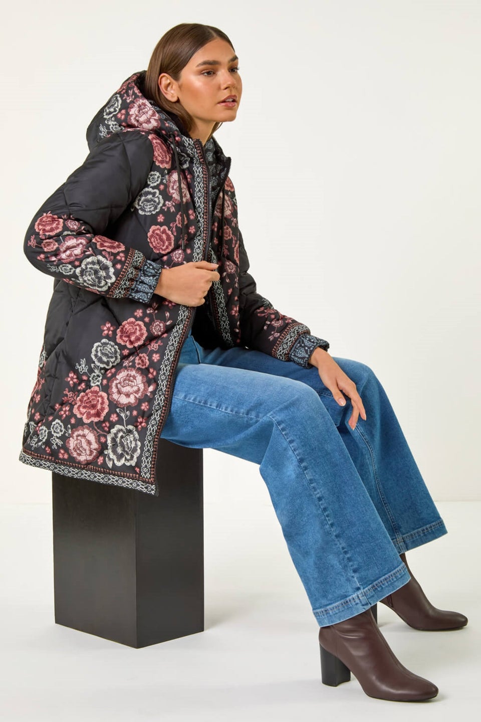 Roman Black Floral Print Quilted Hooded Coat