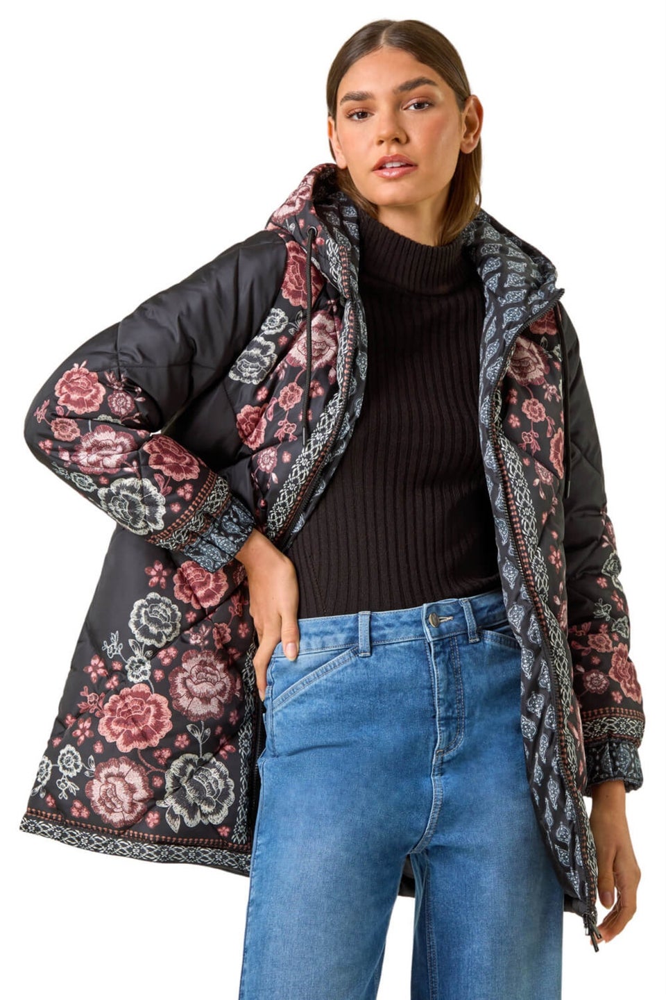 Roman Black Floral Print Quilted Hooded Coat