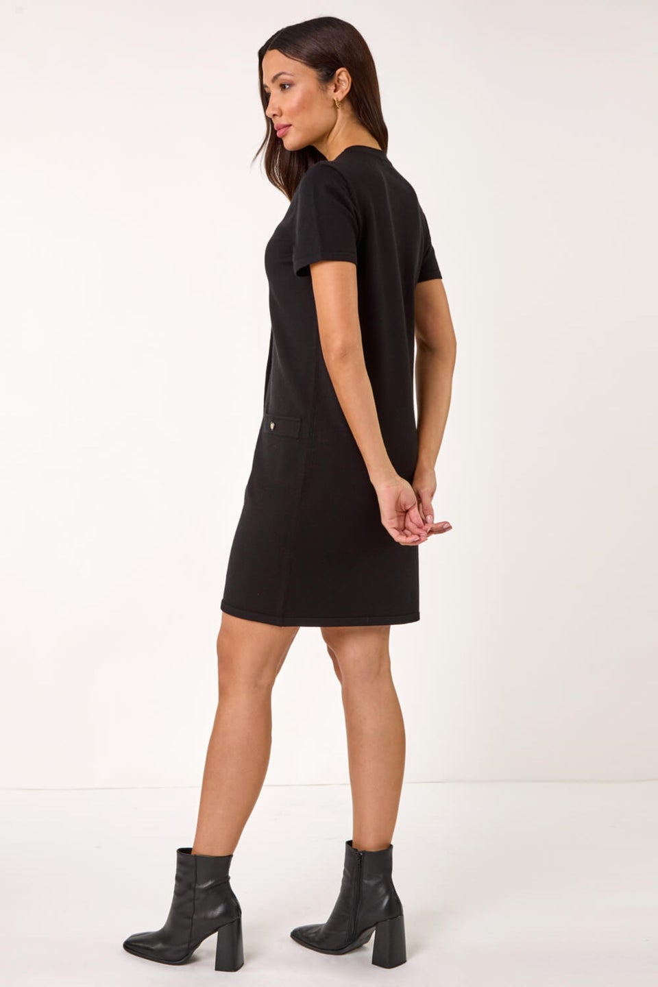 Roman Black Knitted Button Detail A-Line Dress
