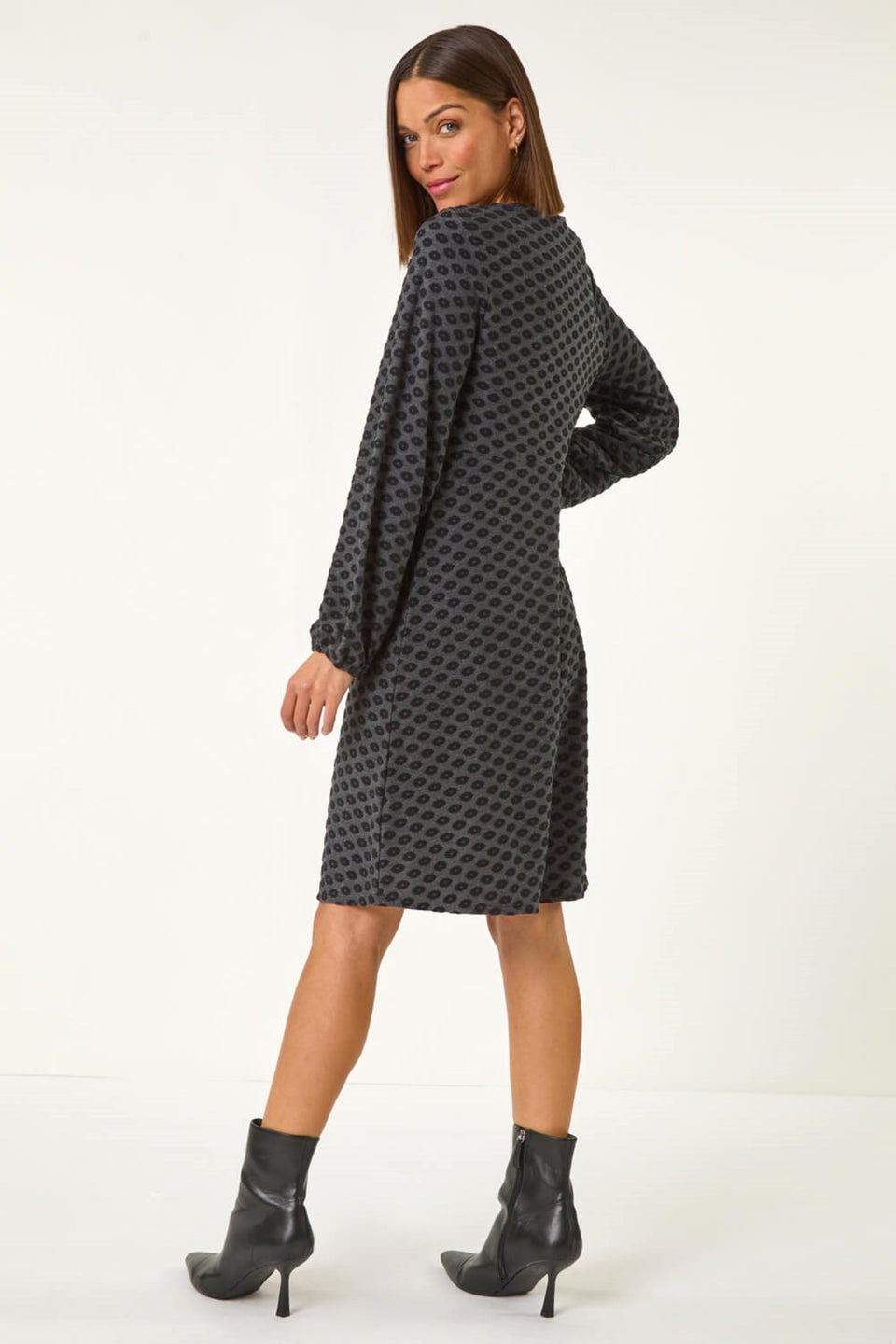 Roman Dark Grey Geometric Flocked Dress