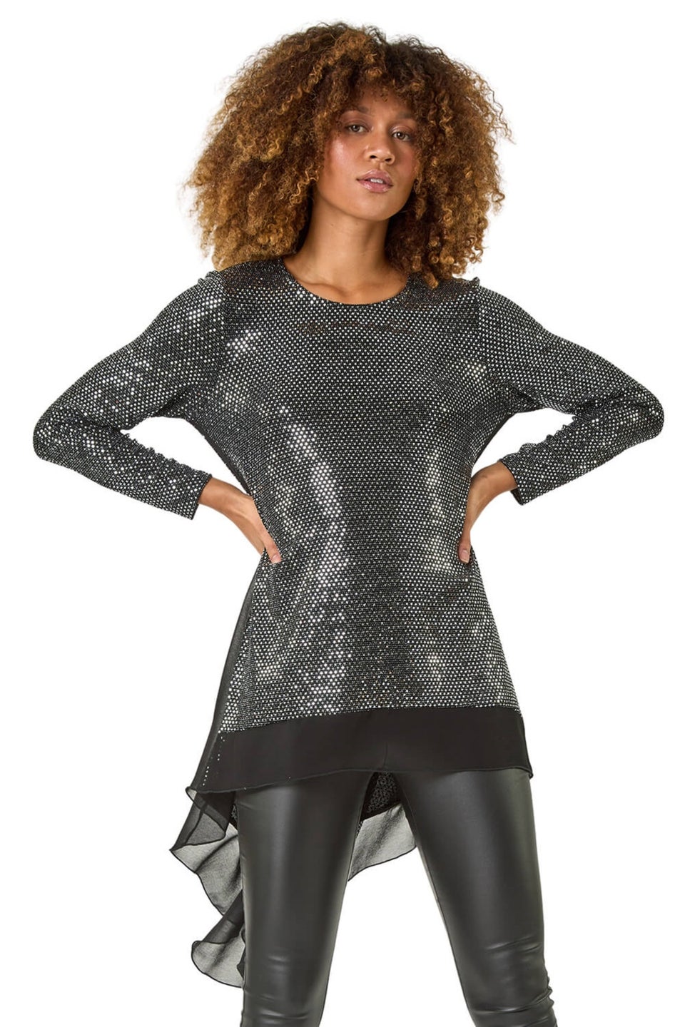 Roman Silver Chiffon Hem Sequin Stretch Tunic Top