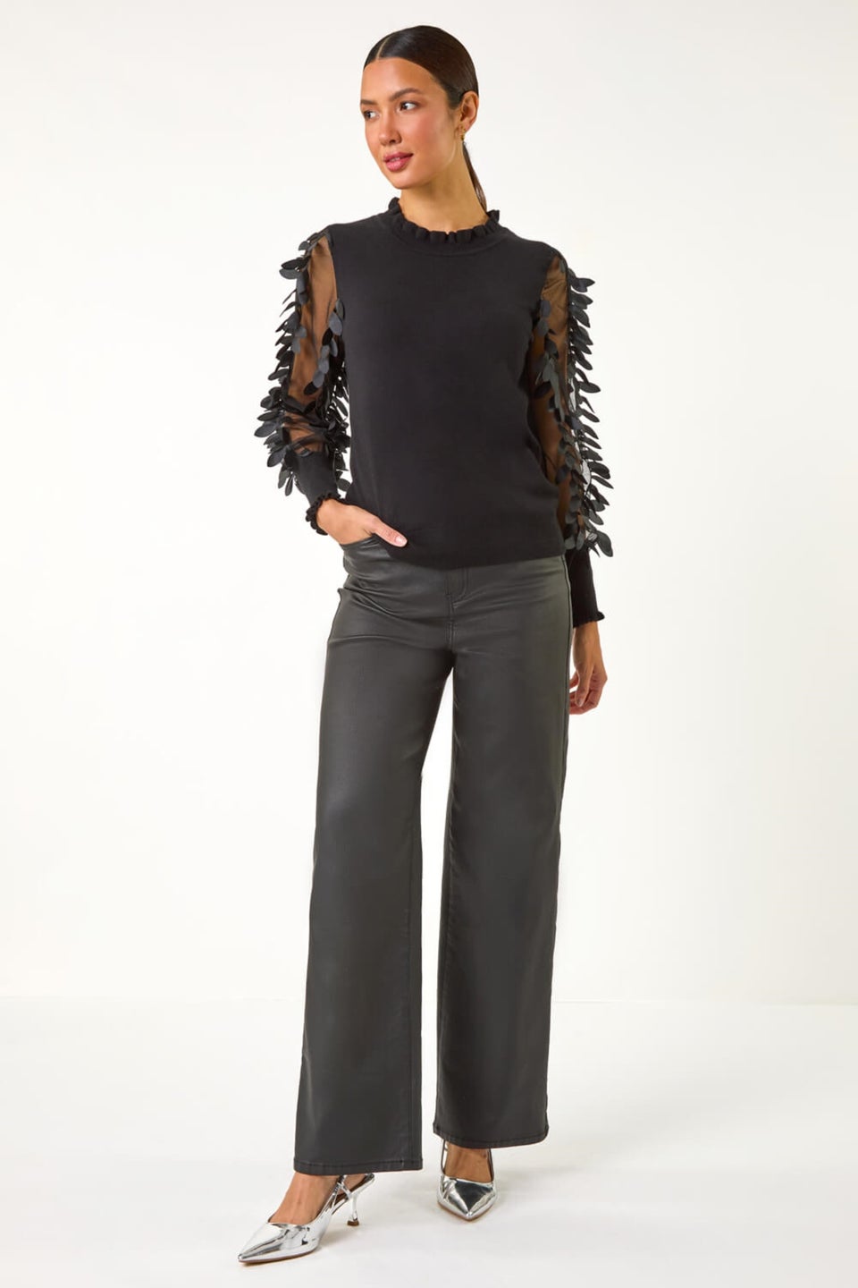 Roman Black Sheer Feather Sleeved Jumper