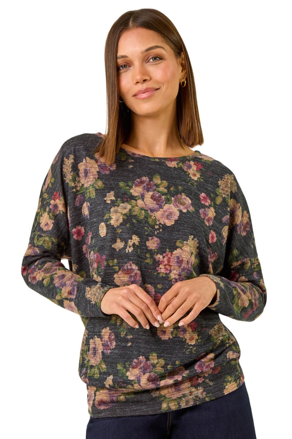 Roman Purple Floral Print Drop Shoulder Stretch Top