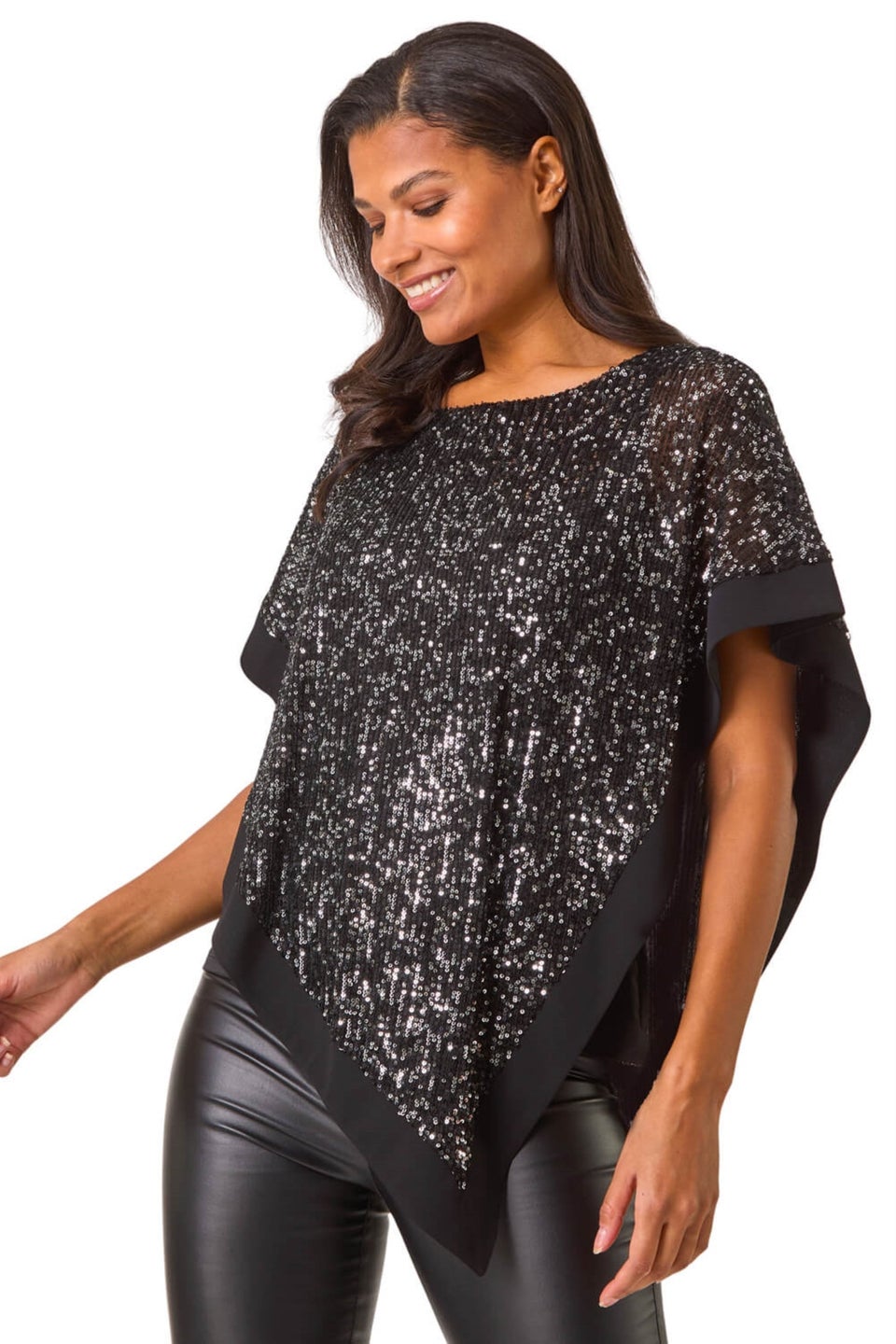 Roman Black Sequin Overlay Stretch Tunic Top