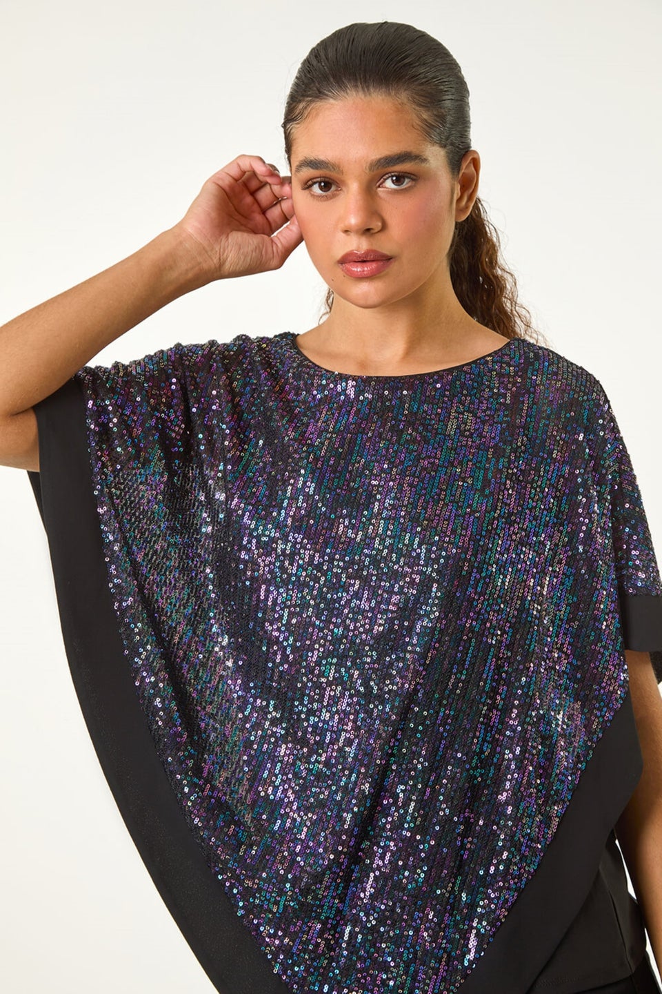 Roman Purple Sequin Overlay Stretch Tunic Top