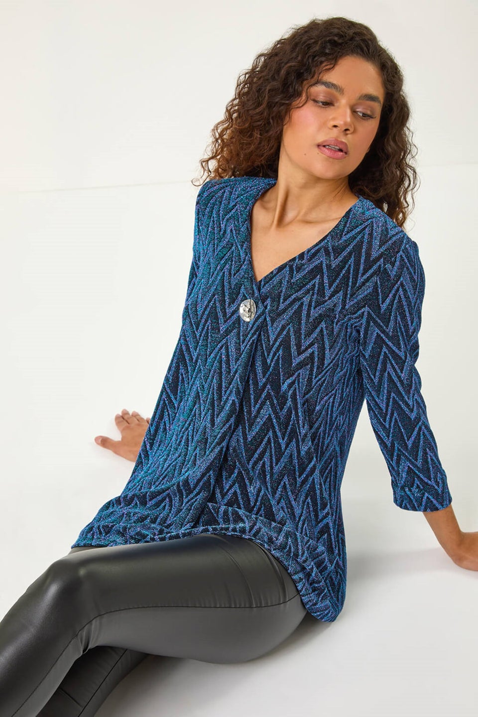 Roman Blue Shimmer Zig Zag Pleat Front Top