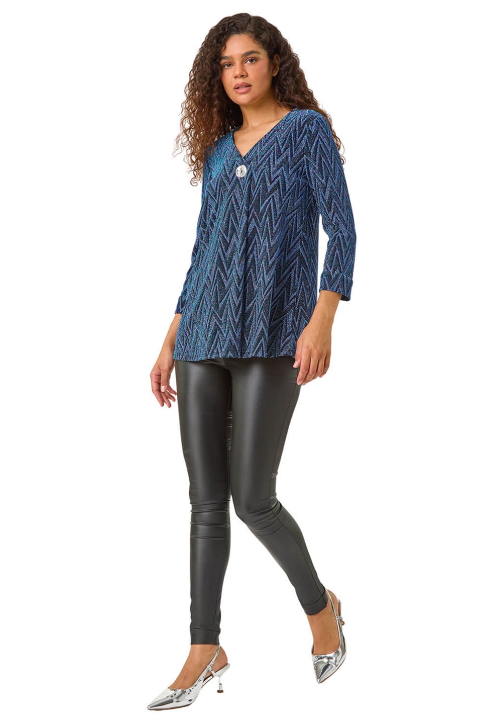 Roman Blue Shimmer Zig Zag Pleat Front Top