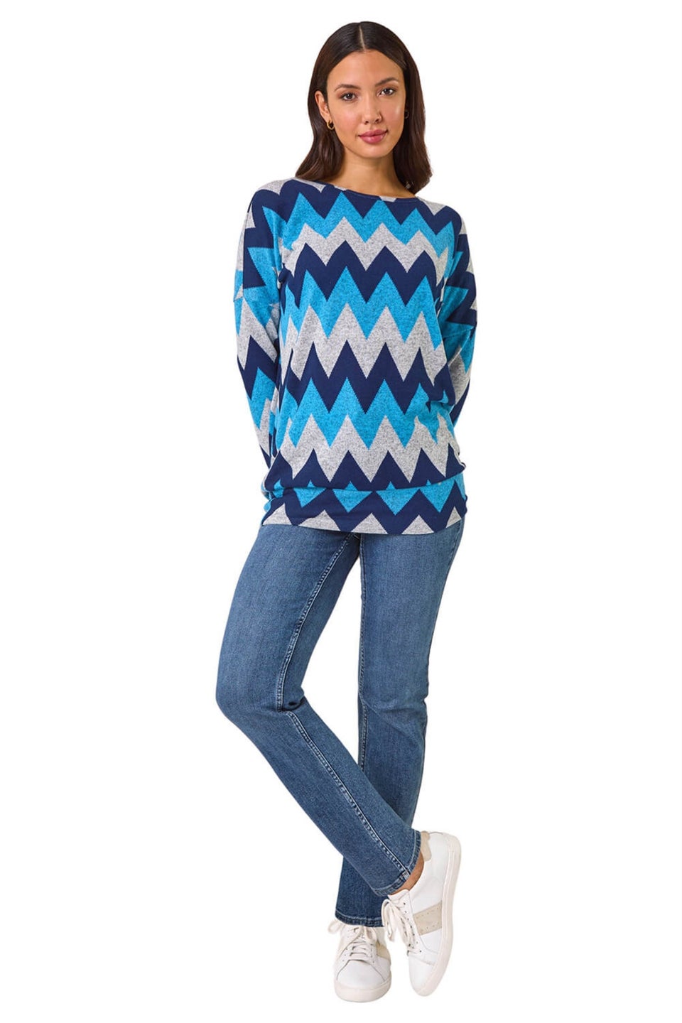 Roman Blue Zig Zag Stripe Print Top
