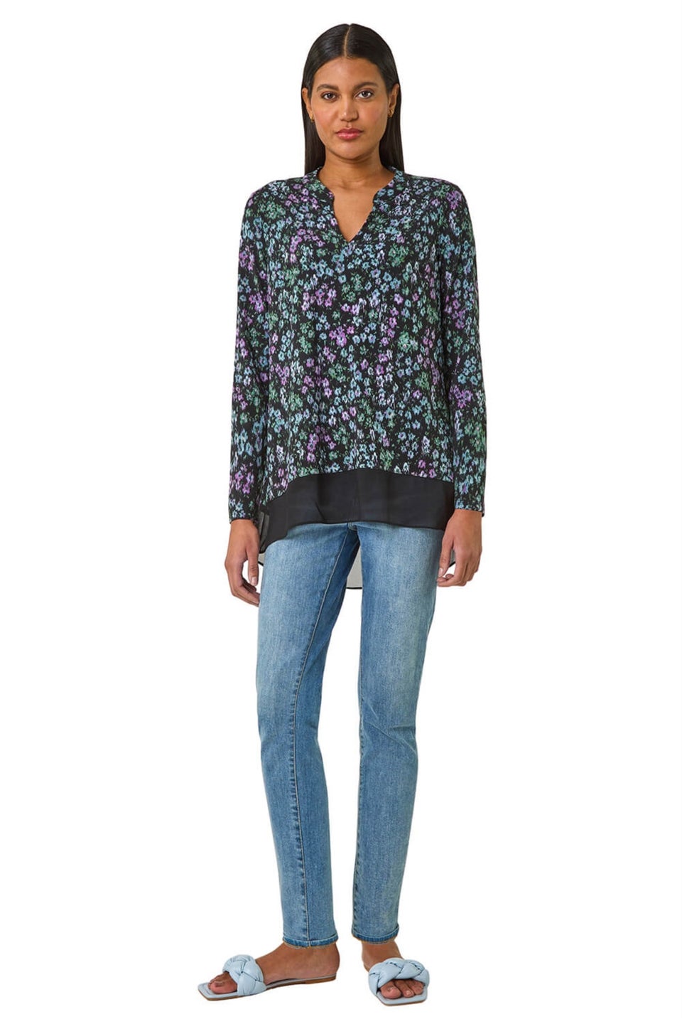 Roman Black Floral Print V-Neck Tunic Top