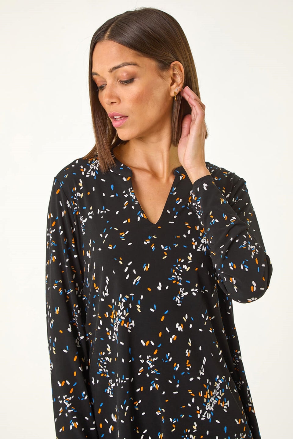 Roman Black Abstract Print V-Neck Tunic Top