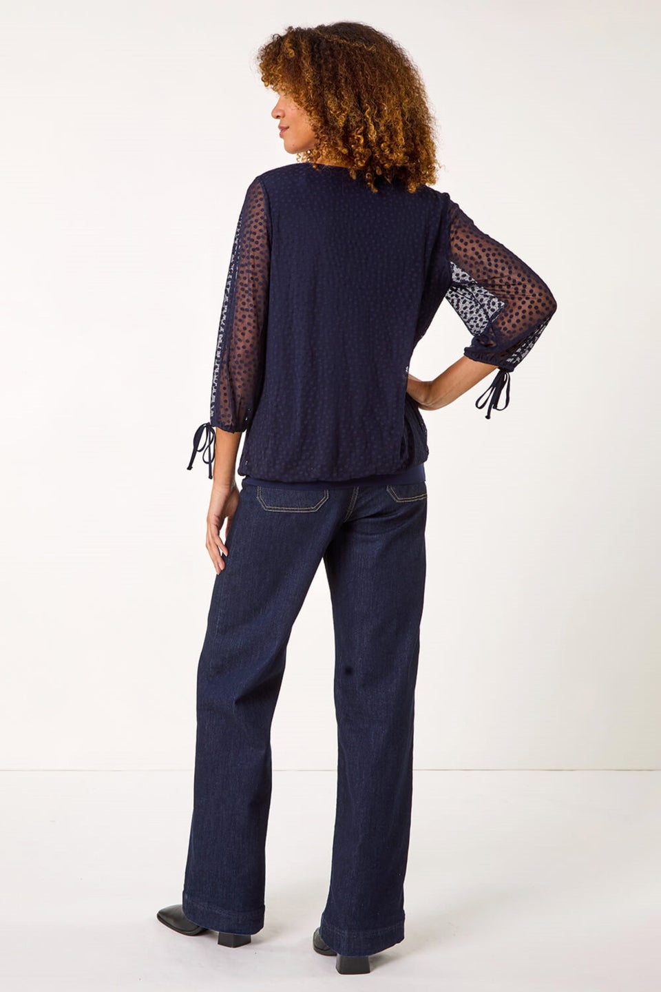 Roman Navy Burnout Print V-Neck Overlay Mesh Top