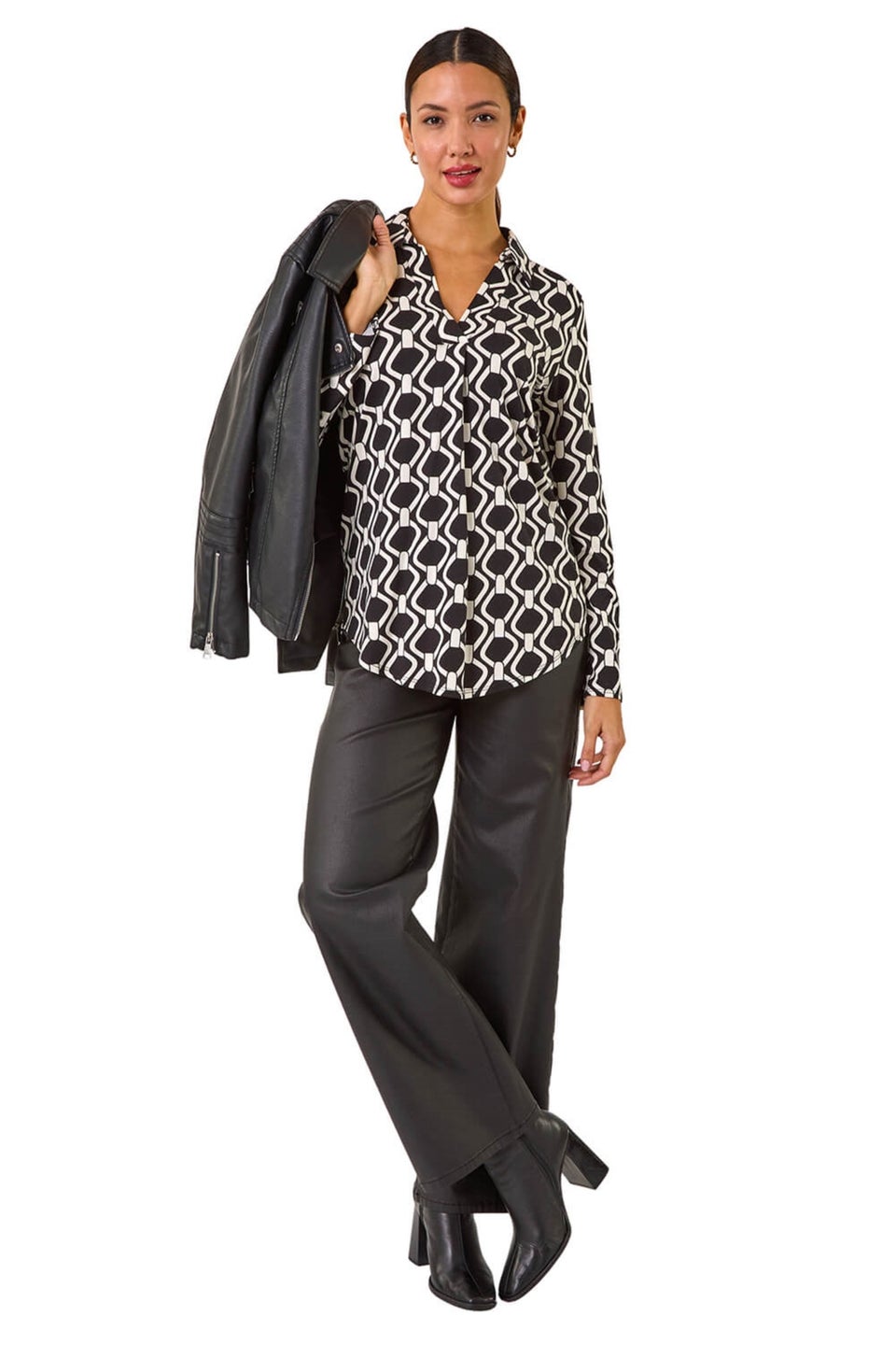 Roman Black Mono Chain Print V-Neck Stretch Top
