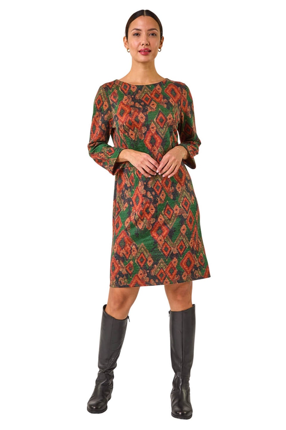 Roman Green Aztec Print Tab Detail Stretch Shift Dress