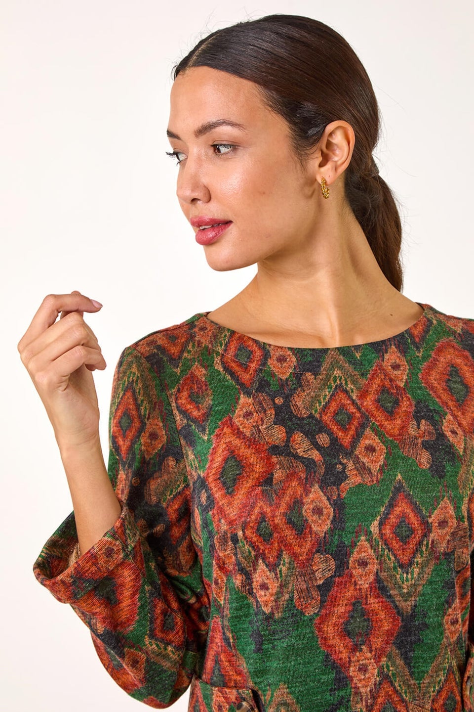 Roman Green Aztec Print Tab Detail Stretch Shift Dress
