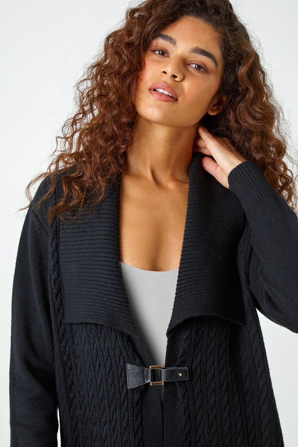 Roman Black Longline Collared Cable Knit Cardigan
