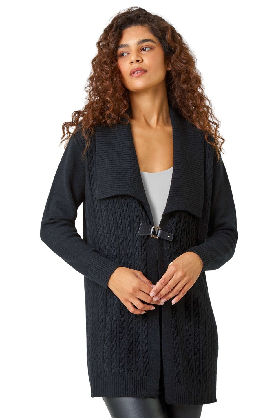 Roman Black Longline Collared Cable Knit Cardigan