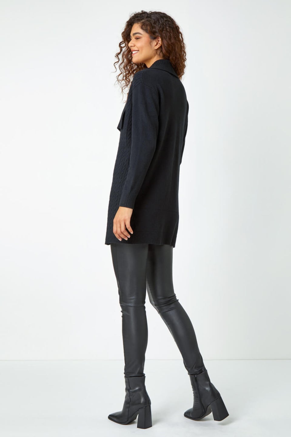 Roman Black Longline Collared Cable Knit Cardigan