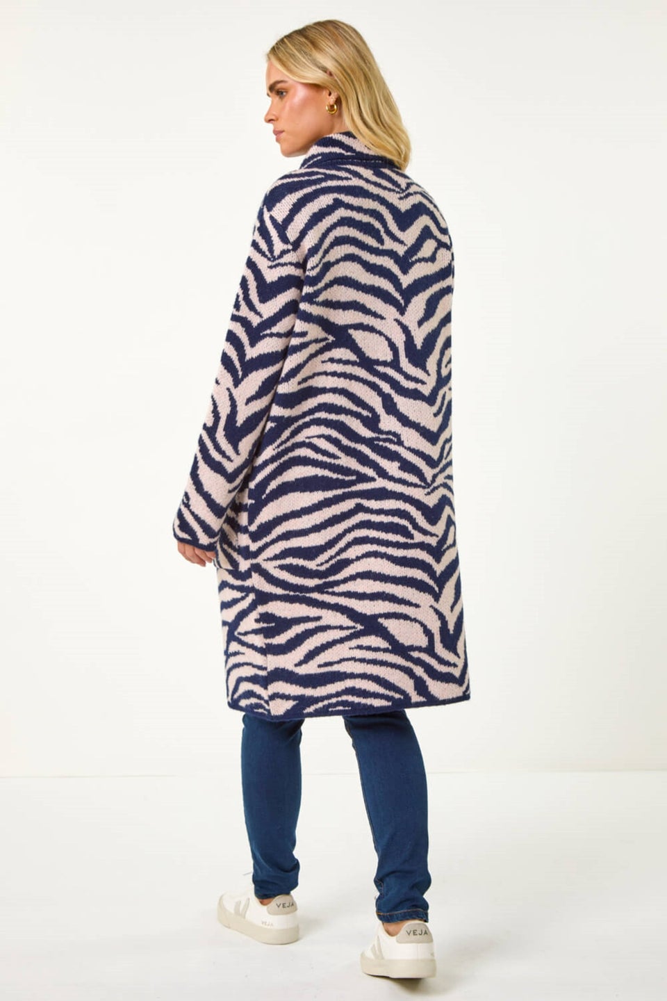 Roman Navy Petite Animal Print Knit Coatigan