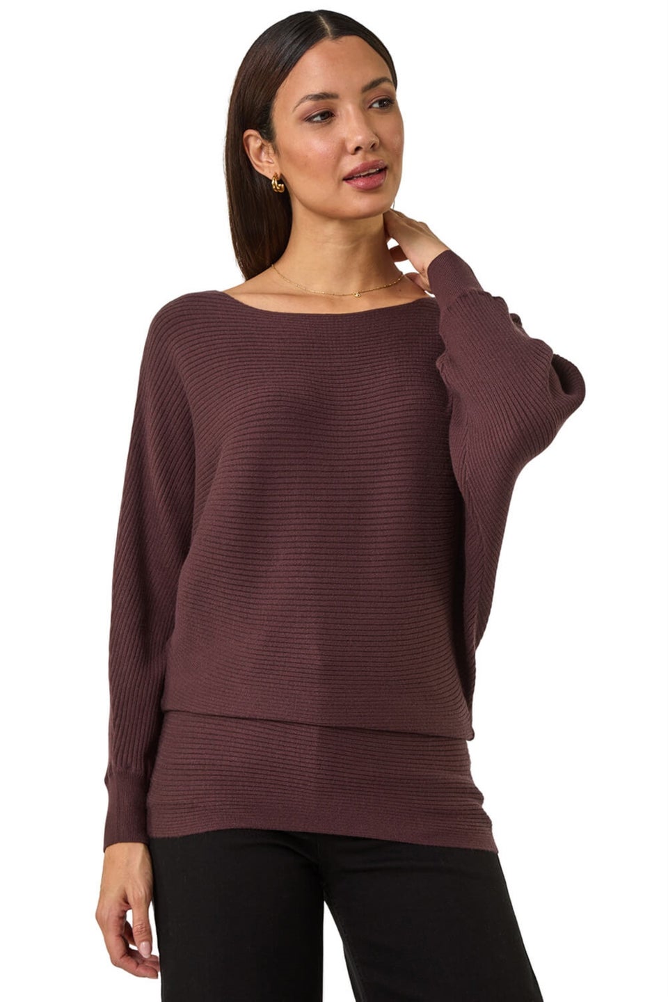 Roman Chocolate Ribbed Batwing Knit Jumper
