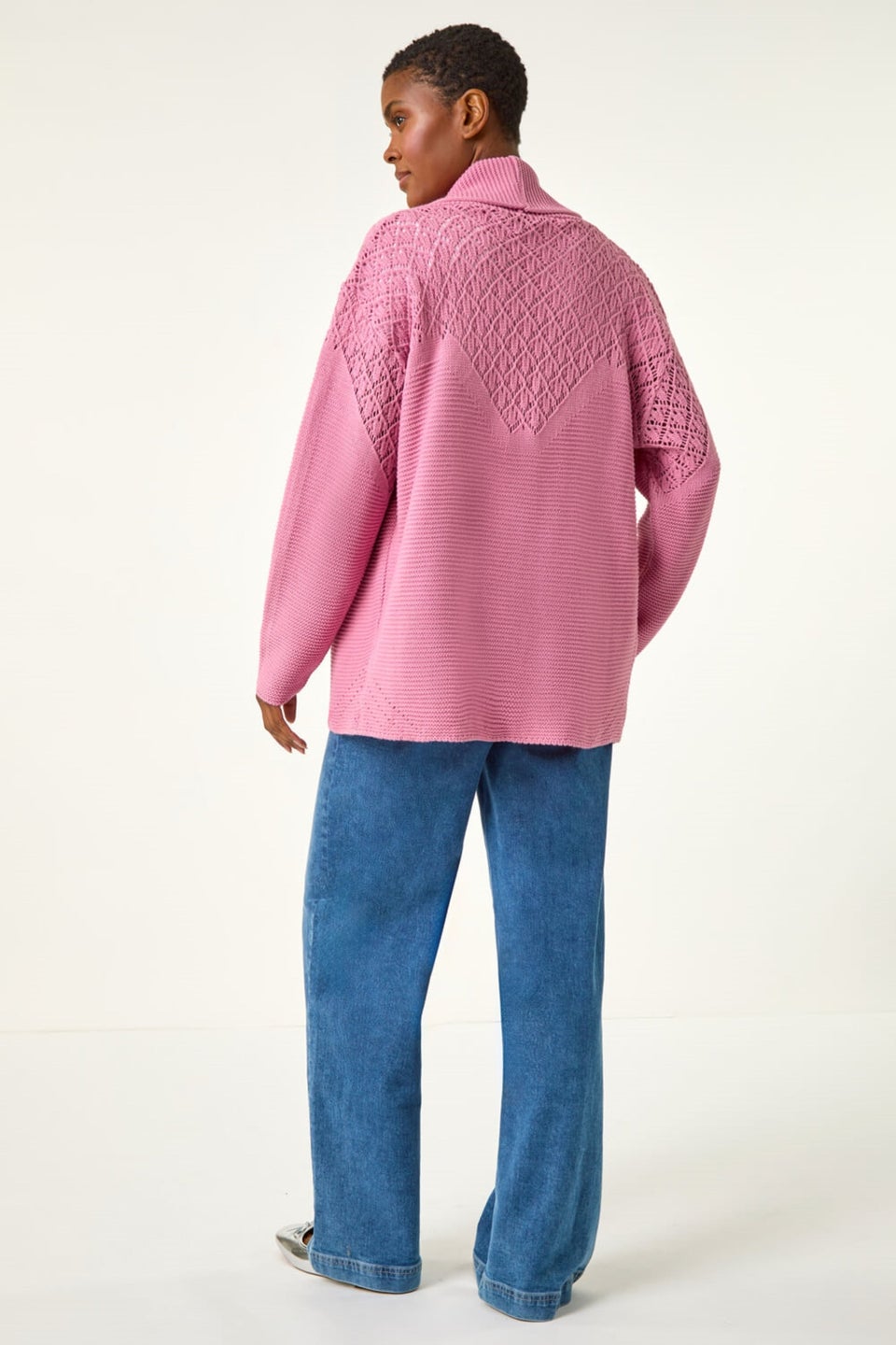 Roman Pink Edge to Edge Pointelle Knit Cardigan
