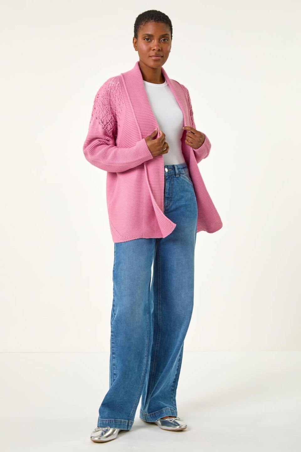 Roman Pink Edge to Edge Pointelle Knit Cardigan