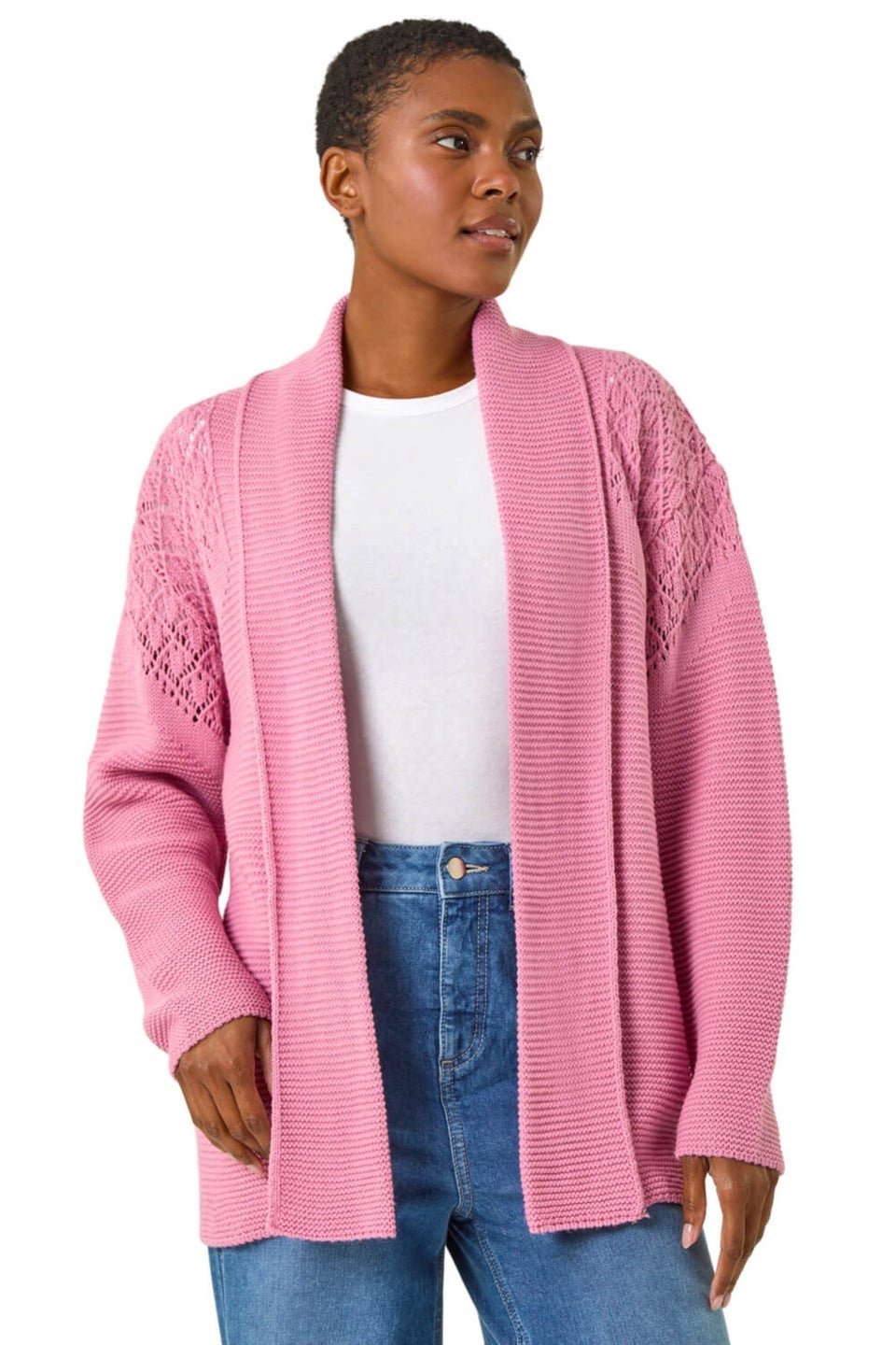 Roman Pink Edge to Edge Pointelle Knit Cardigan