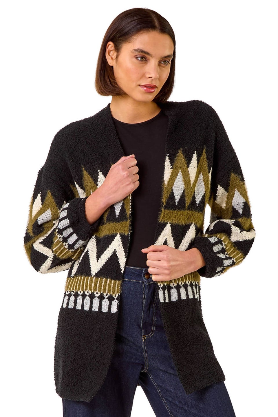 Roman Khaki Aztec Jacquard Knit Cardigan