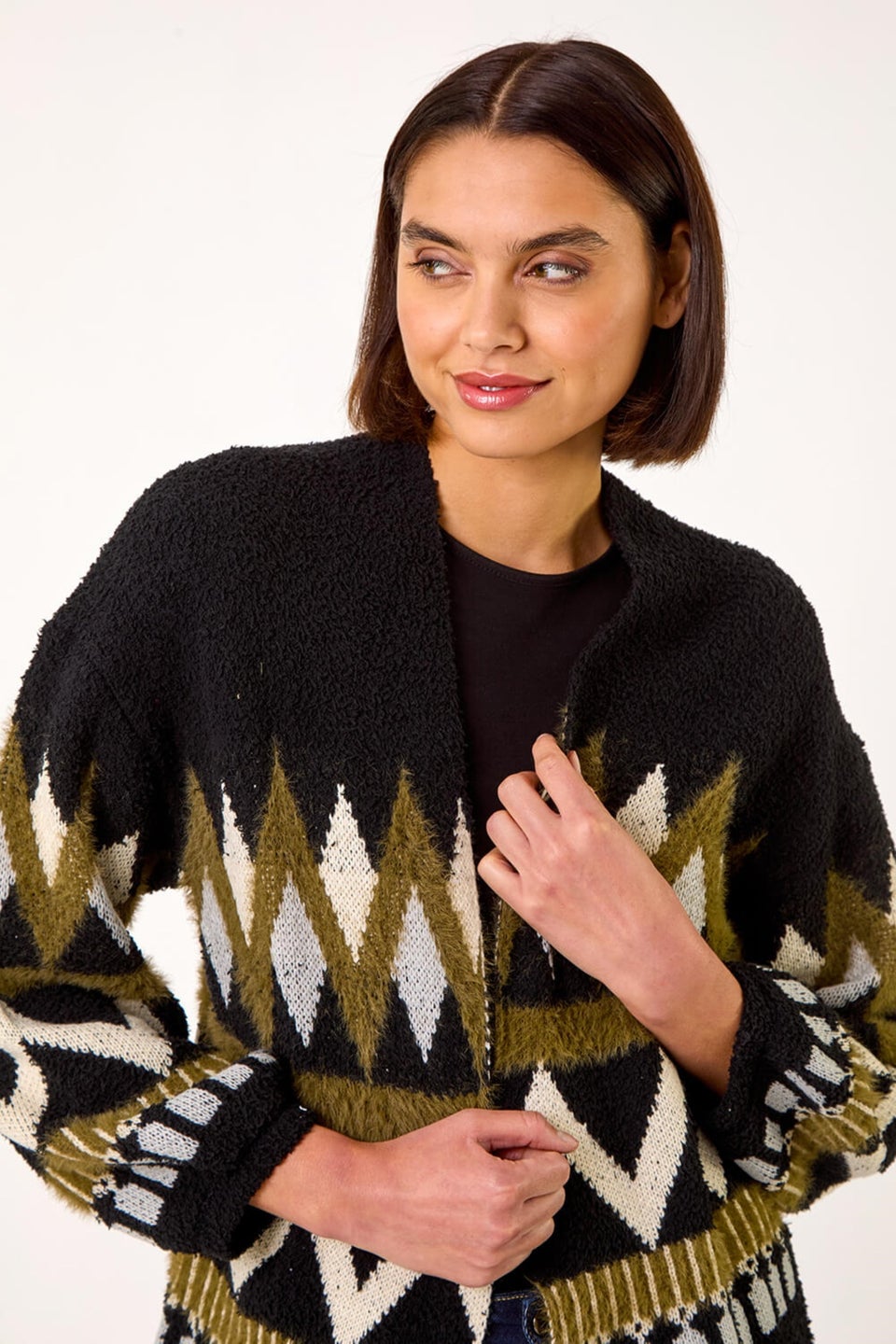 Roman Khaki Aztec Jacquard Knit Cardigan