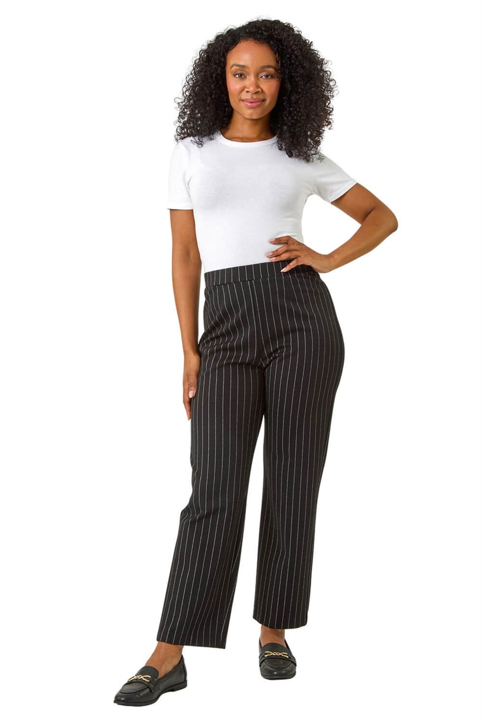 Roman Black Petite Stripe Print Stretch Trousers