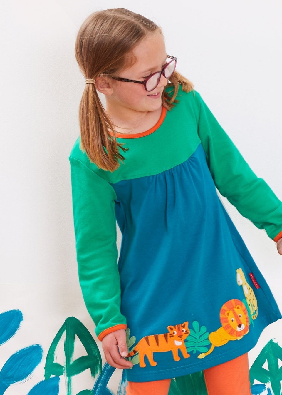 Toby Tiger Organic Green Wild Cats Applique T-Shirt Dress (6 months - 6 years)
