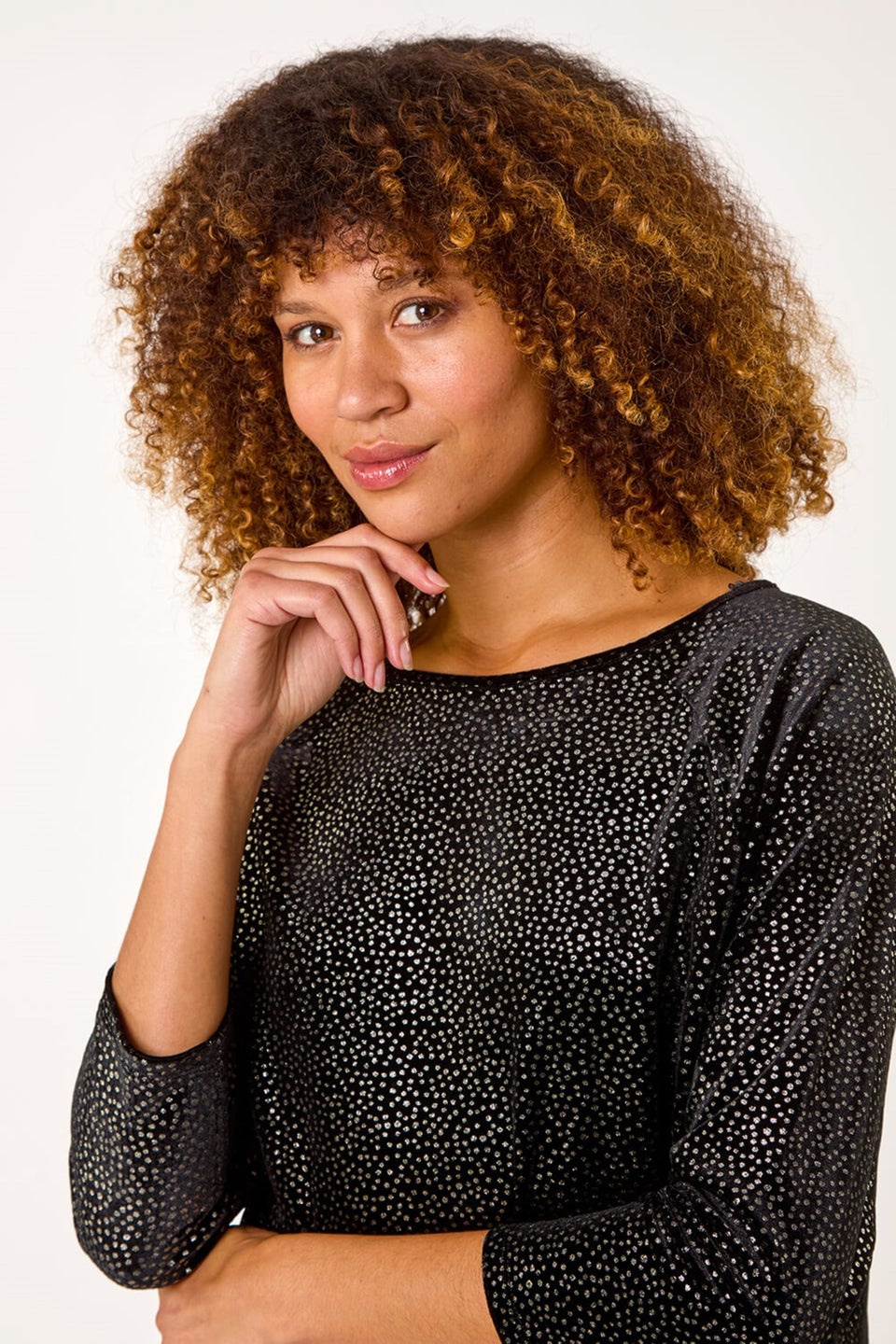 Roman Black Foil Spot Print Velvet Top