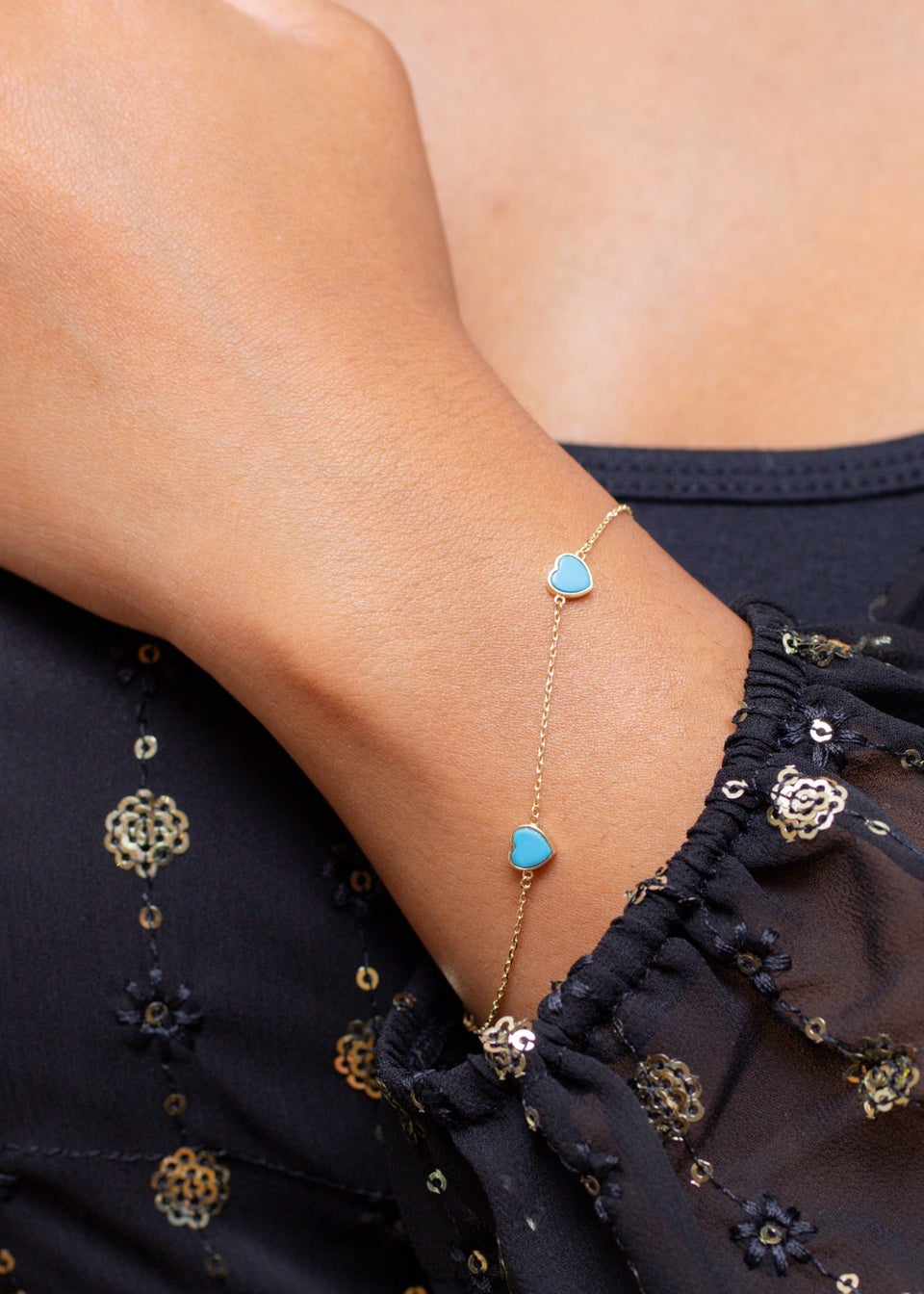 Golden Moments 9ct Yellow Gold 3 x 6mm Turquoise Heart Petals Bracelet