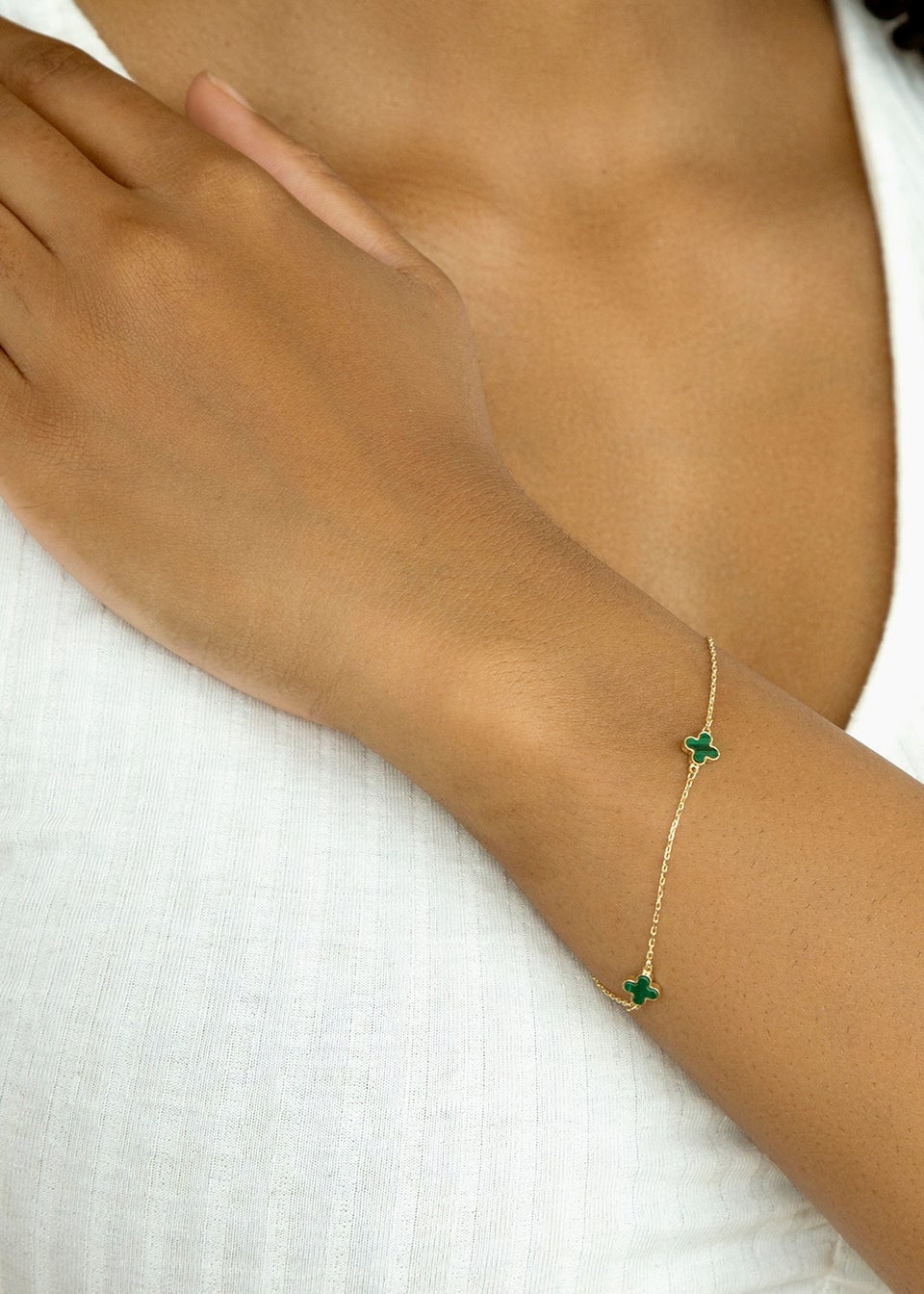 Golden Moments 9ct Yellow Gold 3 x 6.5mm Malachite Clover Petals Bracelet
