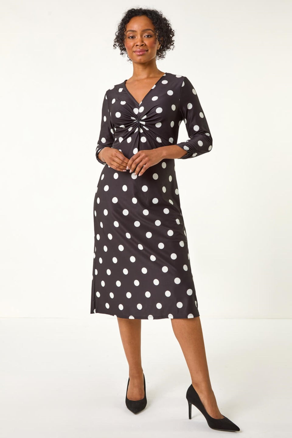 Roman Black Petite Spot Twist Front Midi Dress